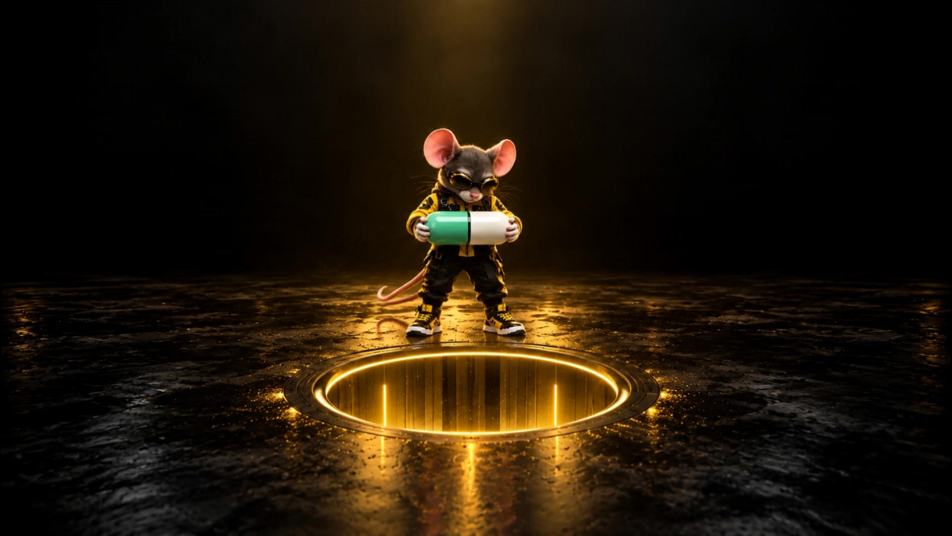 URAT holds a green and white capsule above a glowing gold opening in the floor
