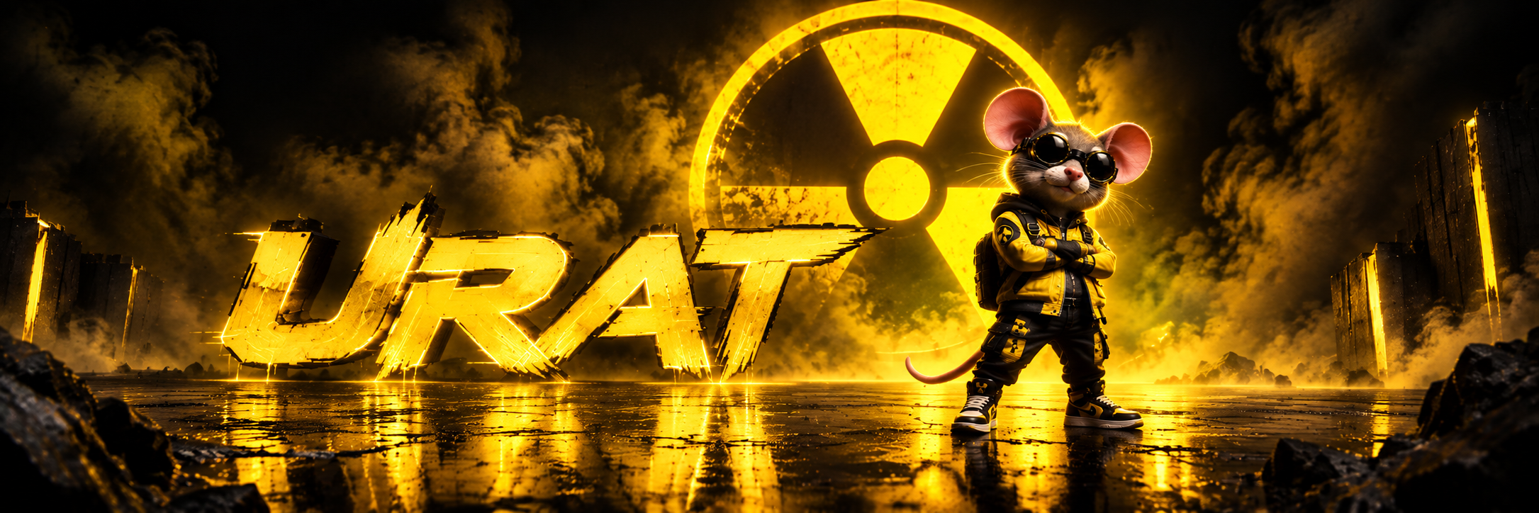 Golden URAT lettering and the URAT rat beside a glowing radiation symbol, surrounded by yellow smoke and reflected light