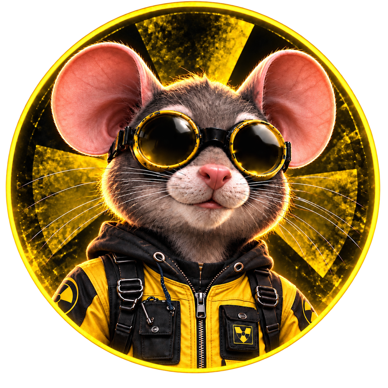 The URAT rat in yellow goggles and jacket, framed by a golden radiation symbol